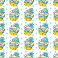 Vector illustration. Seamless pattern with sweet pastries. Cute muffins, cupcakes. Polka dot background. Texture for fabric