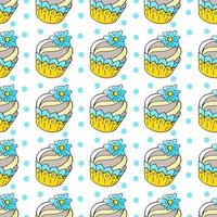 Vector illustration. Seamless pattern with sweet pastries. Cute muffins, cupcakes. Polka dot background. Texture for fabric