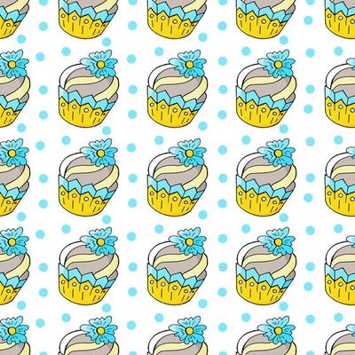 Vector illustration. Seamless pattern with sweet pastries. Cute muffins, cupcakes. Polka dot background. Texture for fabric
