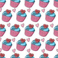 Vector illustration. Seamless pattern with sweet pastries. Cute muffins, cupcakes. Polka dot background. Texture for fabric