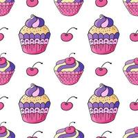 Vector illustration. Seamless pattern with sweet pastries. Cute muffins, cupcakes