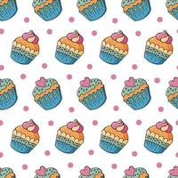 Vector illustration. Seamless pattern with sweet pastries. Cute muffins, cupcakes