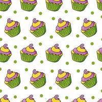 Vector illustration. Seamless pattern with sweet pastries. Cute muffins, cupcakes