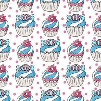 Vector illustration. Seamless pattern with sweet pastries. Cute muffins, cupcakes. Polka dot background. Texture for fabric