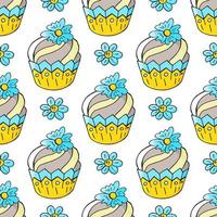 Vector illustration. Seamless pattern with sweet pastries. Cute muffins, cupcakes. Polka dot background. Texture for fabric