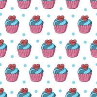 Vector illustration. Seamless pattern with sweet pastries. Cute muffins, cupcakes. Polka dot background. Texture for fabric