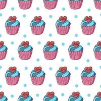 Vector illustration. Seamless pattern with sweet pastries. Cute muffins, cupcakes. Polka dot background. Texture for fabric