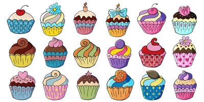 conjunto de iconos de cupcakes, muffins en estilo de dibujo a mano. colección de ilustraciones vectoriales para su diseño. pasteles dulces, magdalenas vector
