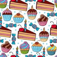 Vector illustration. Seamless pattern with sweet pastries. Cute muffins, cupcakes. Polka dot background. Texture for fabric