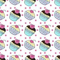 Vector illustration. Seamless pattern with sweet pastries. Cute muffins, cupcakes. Polka dot background. Texture for fabric