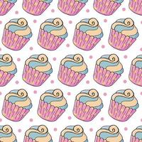 Vector illustration. Seamless pattern with sweet pastries. Cute muffins, cupcakes. Polka dot background. Texture for fabric