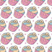 Vector illustration. Seamless pattern with sweet pastries. Cute muffins, cupcakes. Polka dot background. Texture for fabric