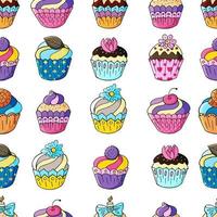 Vector illustration. Seamless pattern with sweet pastries. Cute muffins, cupcakes. Polka dot background. Texture for fabric