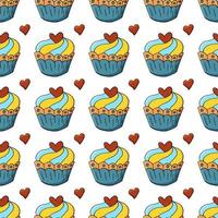 Vector illustration. Seamless pattern with sweet pastries. Cute muffins, cupcakes. Polka dot background. Texture for fabric