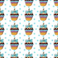 Vector illustration. Seamless pattern with sweet pastries. Cute muffins, cupcakes. Polka dot background. Texture for fabric