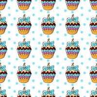 Vector illustration. Seamless pattern with sweet pastries. Cute muffins, cupcakes. Polka dot background. Texture for fabric