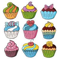 Set of icons of cupcakes, muffins in hand draw style. Collection of vector illustrations for your design. Sweet pastries, muffins