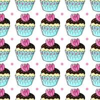 Vector illustration. Seamless pattern with sweet pastries. Cute muffins, cupcakes. Polka dot background. Texture for fabric