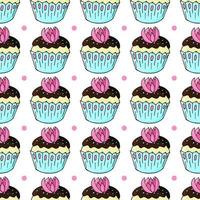 Vector illustration. Seamless pattern with sweet pastries. Cute muffins, cupcakes. Polka dot background. Texture for fabric