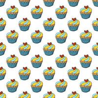 Vector illustration. Seamless pattern with sweet pastries. Cute muffins, cupcakes. Polka dot background. Texture for fabric