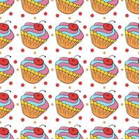 Vector illustration. Seamless pattern with sweet pastries. Cute muffins, cupcakes. Polka dot background. Texture for fabric