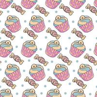Vector illustration. Seamless pattern with sweet pastries. Cute muffins, cupcakes. Polka dot background. Texture for fabric