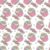 Vector illustration. Seamless pattern with sweet pastries. Cute muffins, cupcakes. Polka dot background. Texture for fabric