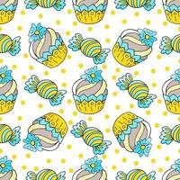 Vector illustration. Seamless pattern with sweet pastries. Cute muffins, cupcakes. Polka dot background. Texture for fabric