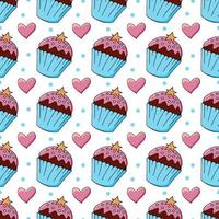 Vector illustration. Seamless pattern with sweet pastries. Cute muffins, cupcakes. Polka dot background. Texture for fabric