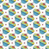 Vector illustration. Seamless pattern with sweet pastries. Cute muffins, cupcakes. Polka dot background. Texture for fabric