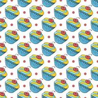 Vector illustration. Seamless pattern with sweet pastries. Cute muffins, cupcakes. Polka dot background. Texture for fabric