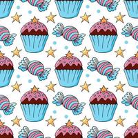 Vector illustration. Seamless pattern with sweet pastries. Cute muffins, cupcakes. Polka dot background. Texture for fabric