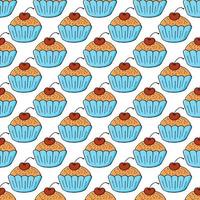 Vector illustration. Seamless pattern with sweet pastries. Cute muffins, cupcakes. Polka dot background. Texture for fabric