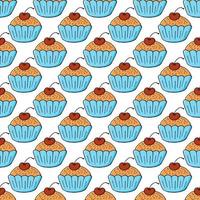 Vector illustration. Seamless pattern with sweet pastries. Cute muffins, cupcakes. Polka dot background. Texture for fabric