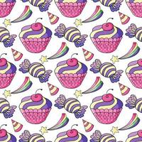 Vector illustration. Seamless pattern with sweet pastries. Cute muffins, cupcakes. Polka dot background. Texture for fabric