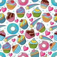 Vector illustration. Seamless pattern with sweet pastries. Cute muffins, cupcakes. Polka dot background. Texture for fabric