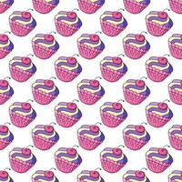 Vector illustration. Seamless pattern with sweet pastries. Cute muffins, cupcakes. Polka dot background. Texture for fabric