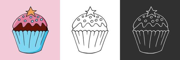 ilustración vectorial para su diseño. icono brillante de cupcake, muffin en estilo de dibujo a mano vector