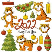 Symbol of 2022. Illustration with tiger in hand draw style. New Year 2022 vector