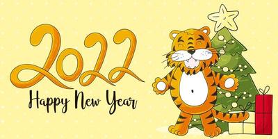 Symbol of 2022. Illustration with tiger in hand draw style. New Year 2022 vector