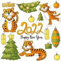 Symbol of 2022. Illustration with tiger in hand draw style. New Year 2022 vector