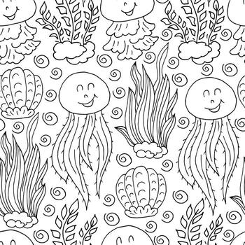Vector Seamless pattern in hand draw style. Liner illustration. Pattern, background on the marine theme