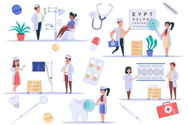 Medical clinic isolated elements set. Bundle of patient at dentist and ophthalmologist office, x-ray room, scientists are studying DNA. Creator kit for vector illustration in flat cartoon design