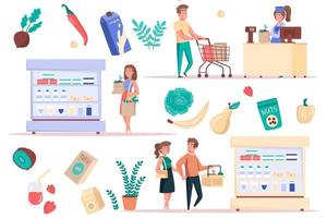 Grocery shopping at supermarket isolated elements set. Bundle of customers buying food, vegetables and fruits at shelves, paying at checkout. Creator kit for vector illustration in flat cartoon design