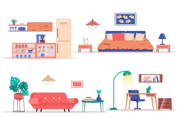 Room interior design isolated elements set. Bundle of stylish furniture, plants and decor in kitchen, bedroom, living room and home office. Creator kit for vector illustration in flat cartoon design