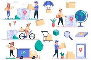 Delivery service isolated elements set. Bundle of couriers delivering parcels, global logistics, trekking mobile app, boxes at warehouse. Creator kit for vector illustration in flat cartoon design