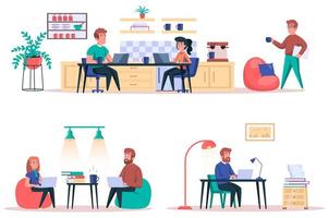 Coworking center isolated elements set. Bundle of employees work in open office, freelancers with laptops perform work tasks, organization. Creator kit for vector illustration in flat cartoon design