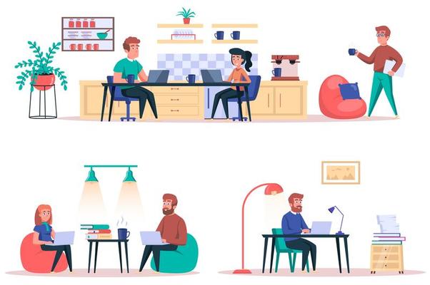 Coworking center isolated elements set. Bundle of employees work in open office, freelancers with laptops perform work tasks, organization. Creator kit for vector illustration in flat cartoon design