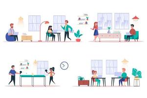 Coworking center isolated elements set. Bundle of colleagues work together, meetings, complete tasks, work on laptops, playing table tennis. Creator kit for vector illustration in flat cartoon design