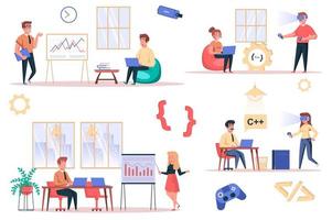 Game developer working isolated elements set. Bundle of employees analyze data, programmers write code, work on projects, gaming industry. Creator kit for vector illustration in flat cartoon design